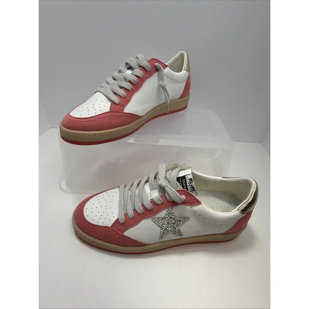 Mimi Women's Avery Leather Sneaker White/Salmon Pink with Sparkly Star Size 9